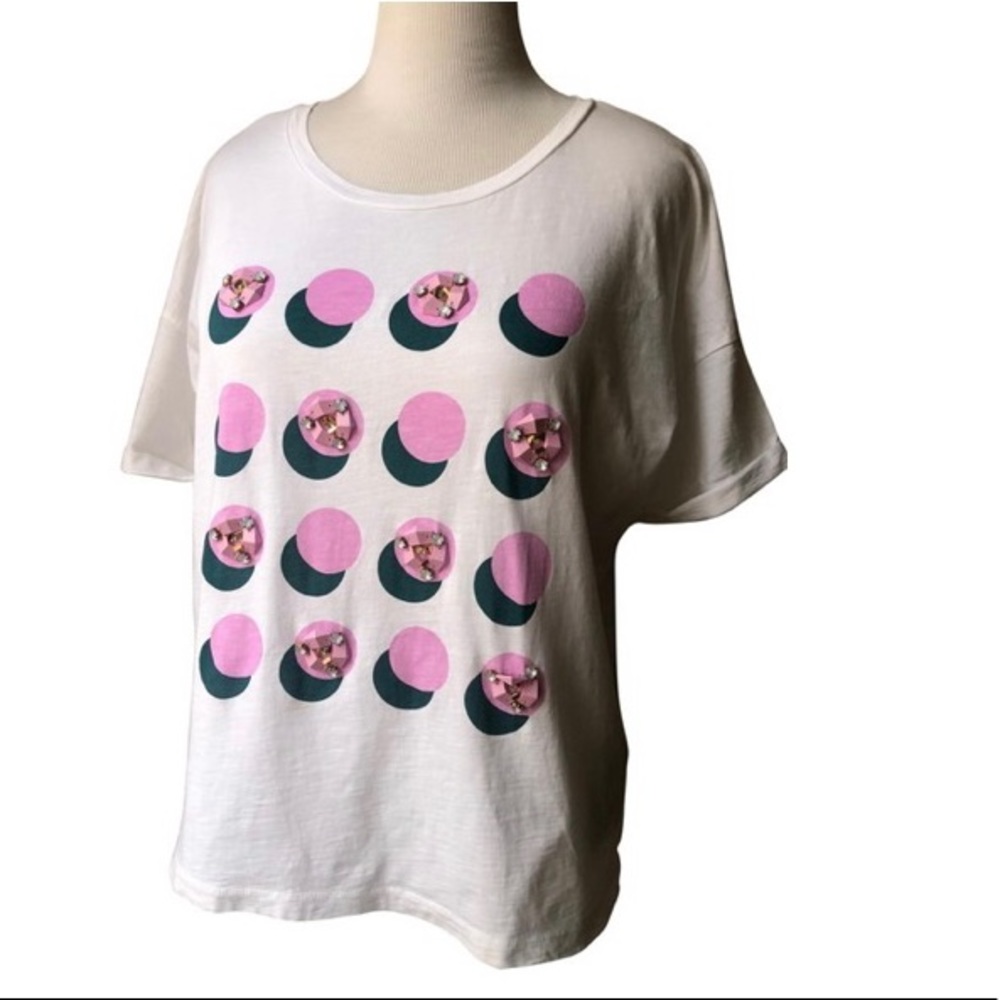 J. Crew white bejeweled circle printed t’shirt size XS